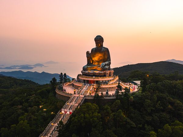 an aerial shot of Tian Tan Bhuddha in Hong Kong