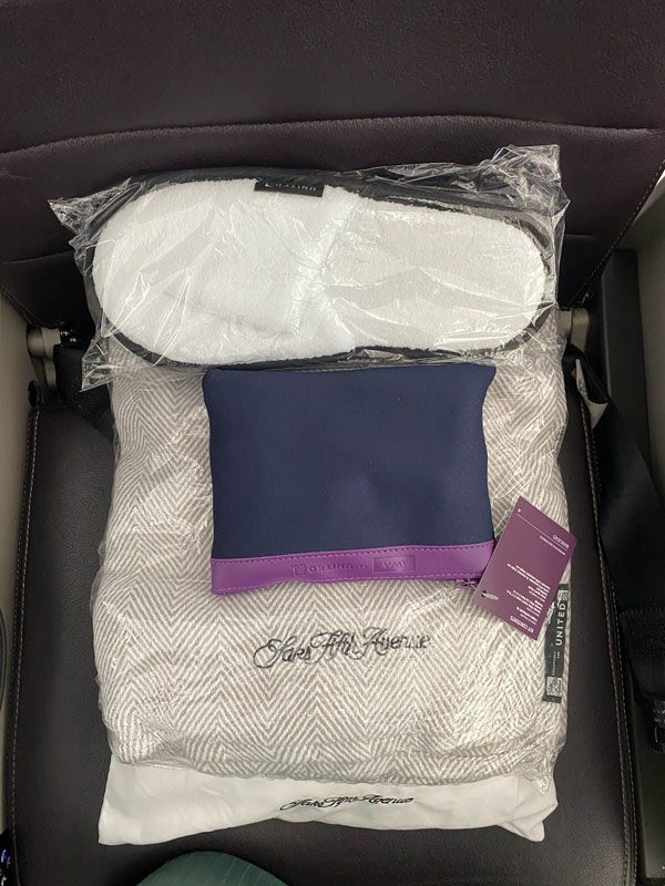 An amenities kit at United Airlines’ Premium Plus