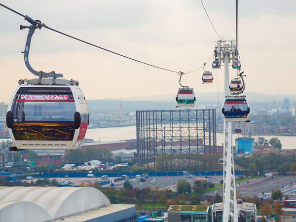 cable cars hovering above the city at IFS Cloud Cable Car, London