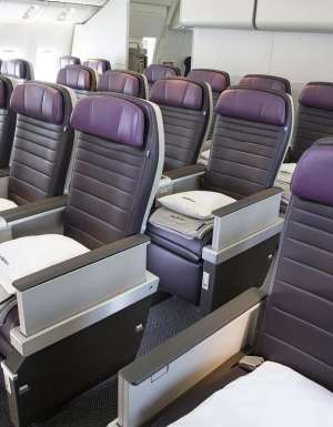 empty seats inside the cabin at United Airlines’ Premium Plus