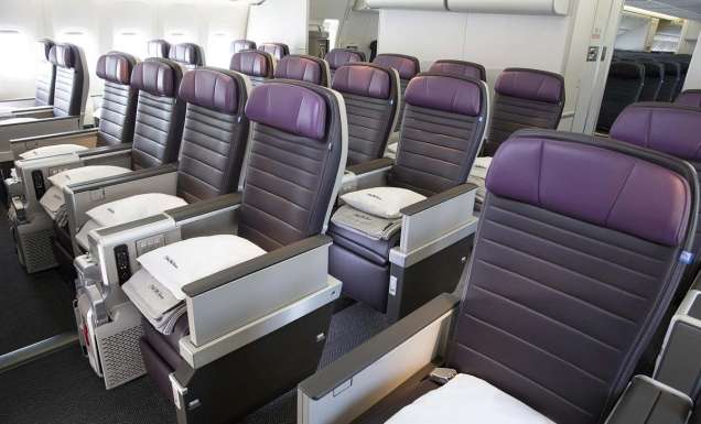 empty seats inside the cabin at United Airlines’ Premium Plus