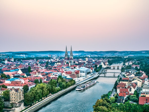 a Viking longship cruising along Danube River