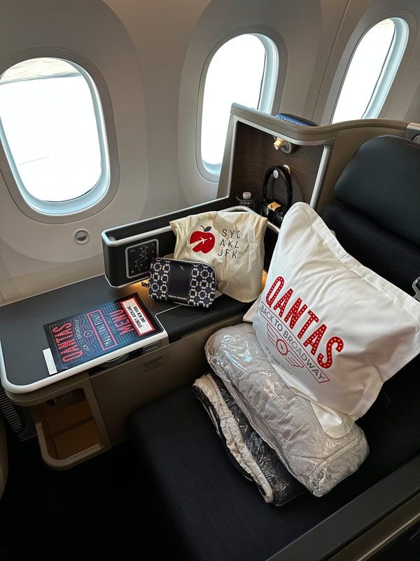 a window seat inside the Qantas Flight QF3 Auckland to New York