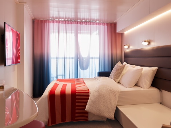 the bedroom inside the sea terrace cabin, Virgin Voyages’ Resilient Lady