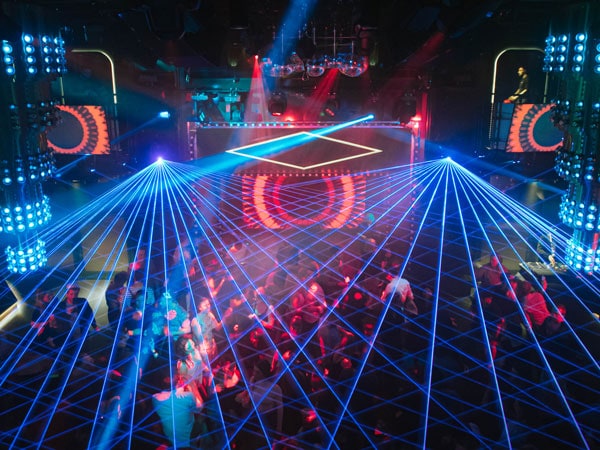 a laser top dance party onboard Virgin Voyages’ Resilient Lady