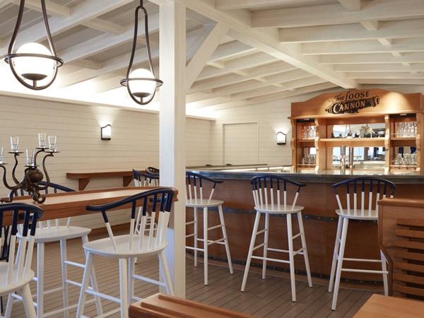 the bar interior at The Loose Cannon, Virgin Voyages’ Resilient Lady