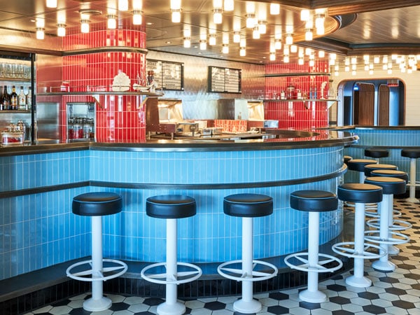 bar counter at The Social Club, Virgin Voyages’ Resilient Lady