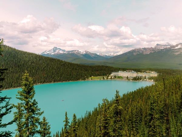 a top view shot of Lake Louise, Fairmont Chateau, Banff, Canada
