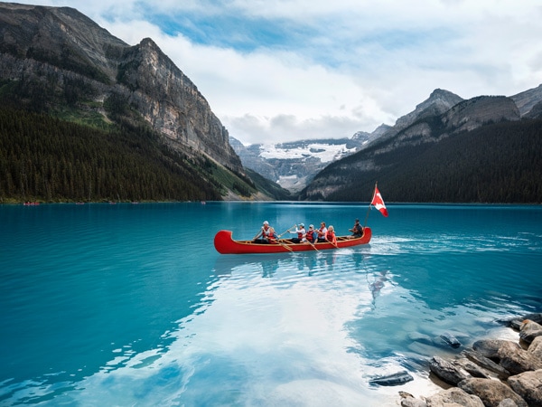 canoeing across Lake Louise, Banff, Canada