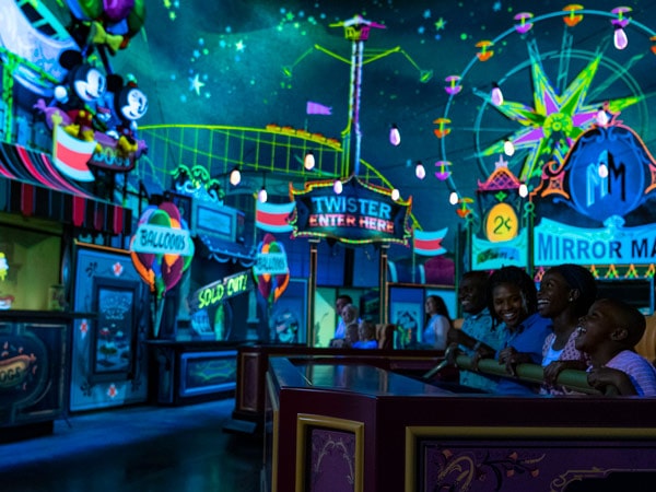 the whimsical interior of Mickey and Minnie's Runaway Railway, Disneyland