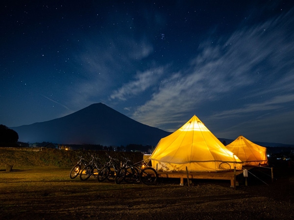 a glamping site at night in Mt Fuji Satoyama