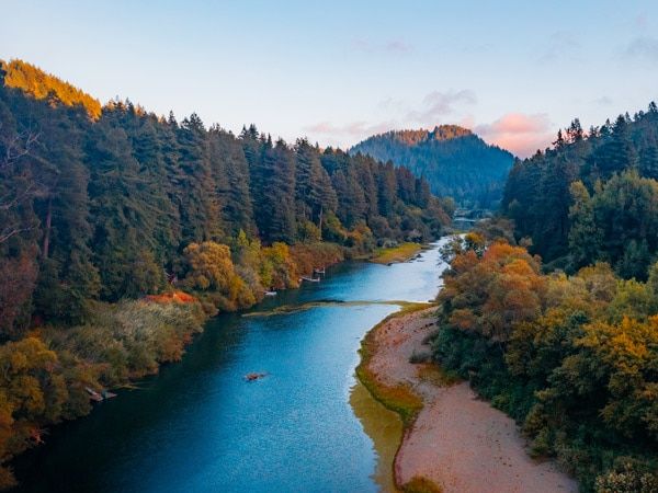 an aerial view of the Russian River in Duncans