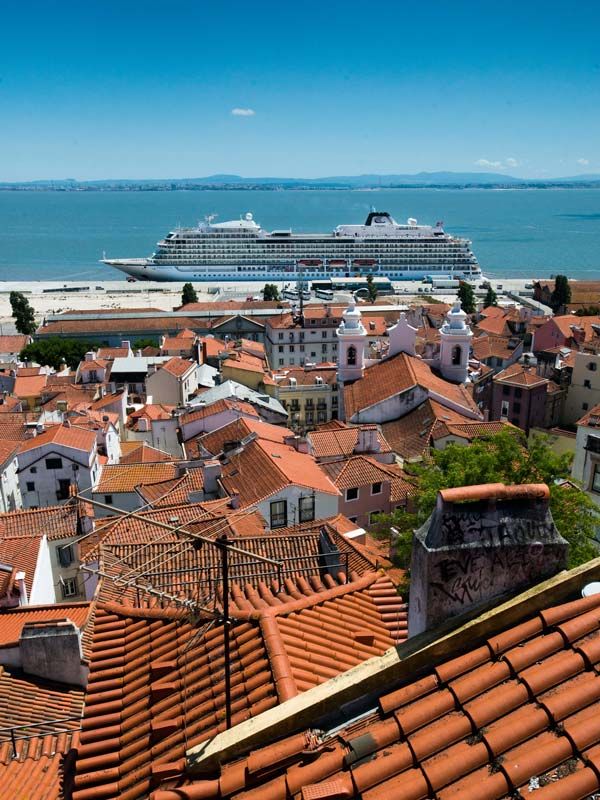 a cruise ship docking on Lisbon Port