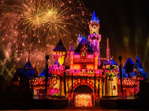 a spectacular fireworks display above the sleeping beauty castle, disneyland