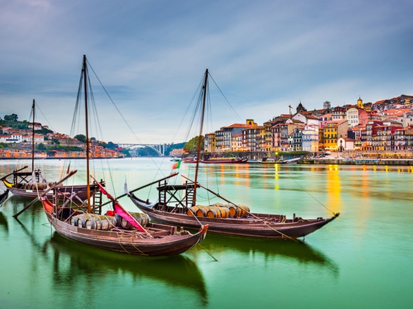 traditional rabelo boats docked at the port