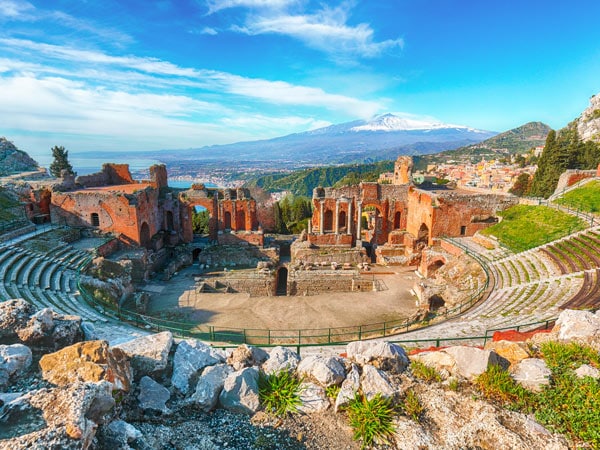 the Teatro Antico di Taormina amphitheatre in Taormina, Sicily