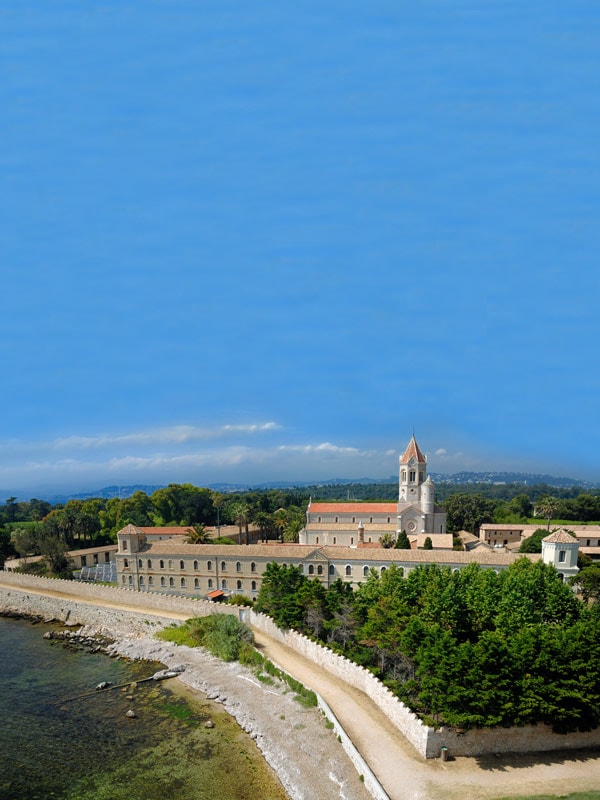 view of Lérins Abbey monastery in Île Saint-Honorat, Cannes, France
