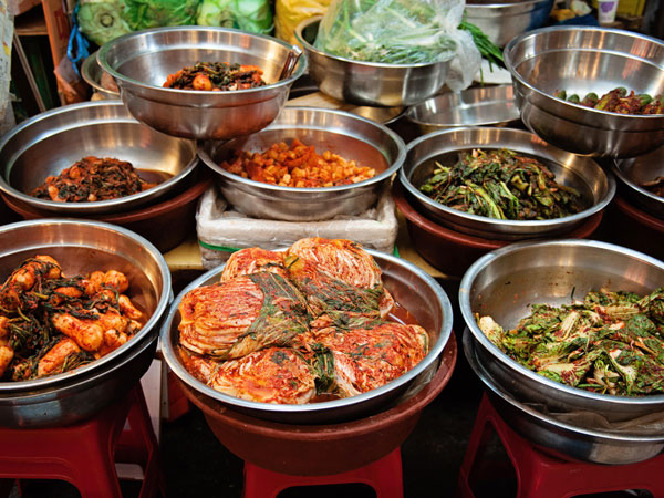 bowls of kimchi at Gwangjang Market