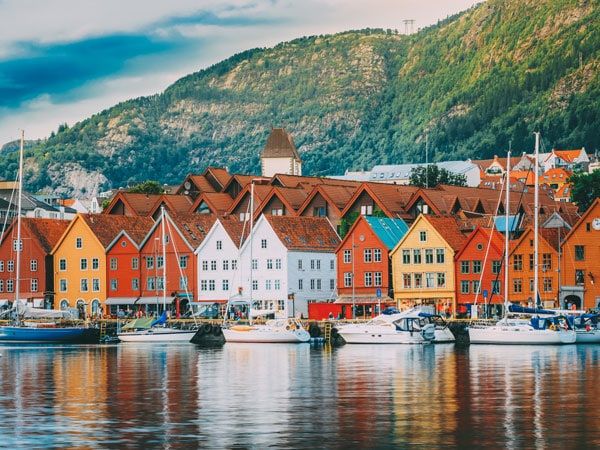 coloured houses and boats moored in Bergen, Norway