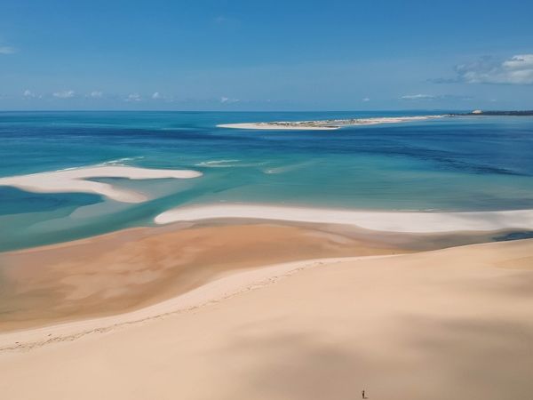 an aerial view of white sandbanks and turquoise waters in Bazaruto Archipelago, Mozambique