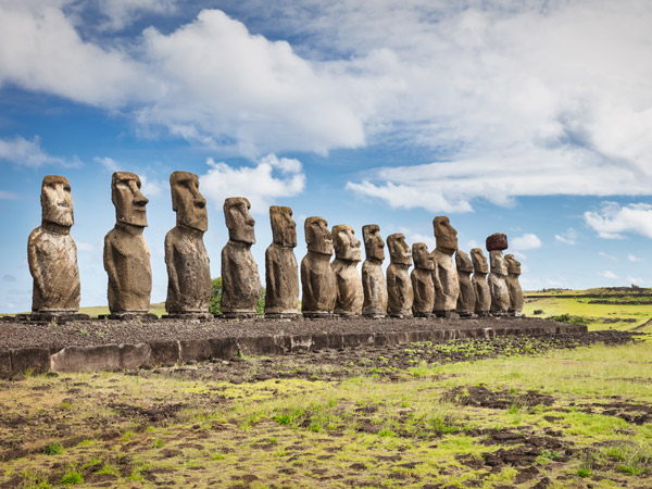 polynesian Moai Statues standing side by side, Rapa Nui, Easter Island