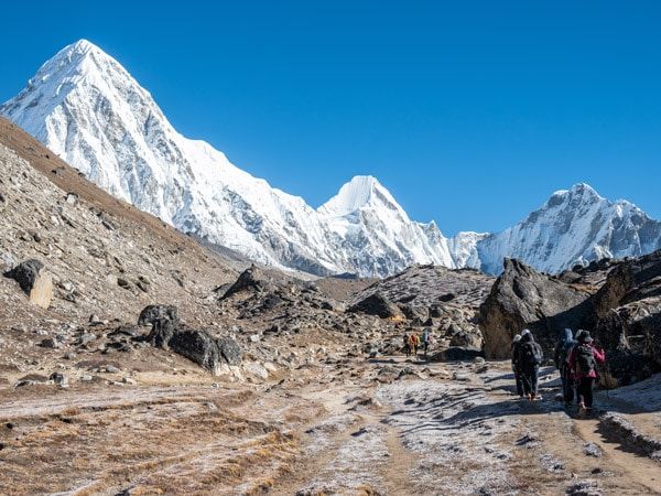 a group of tourists trekking to Everest Base Camp in Nepal
