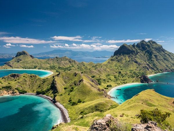 an aerial view of the island 'Pulau Padar' at the famous Komodo National Park in Indonesia