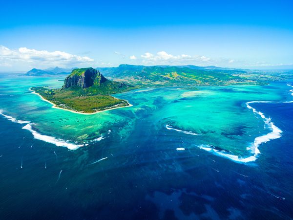 an aerial view of the Mauritius Island and the Le Morne Brabant mountain
