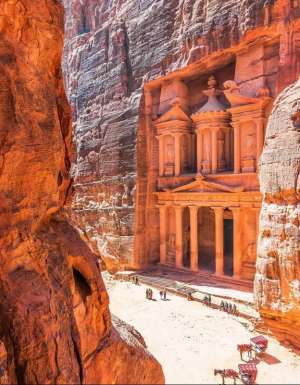 the rock-carved facade of The Treasury, Petra, Jordan
