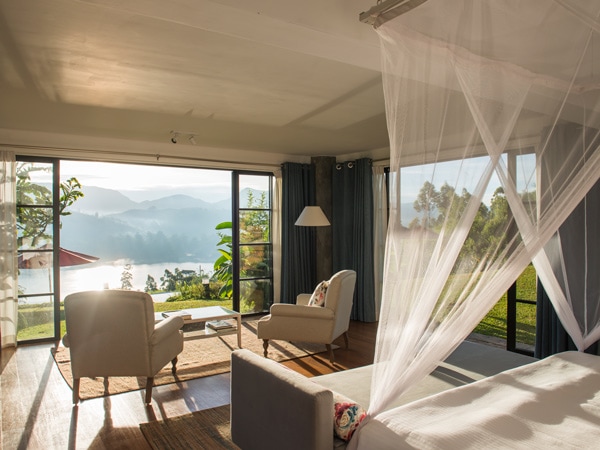 direct sunlight striking through the open windows into Warleigh Lakeview Bedroom, Hill Country, Sri Lanka