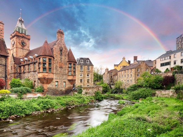 a rainbow over Dean Village in Edinburg