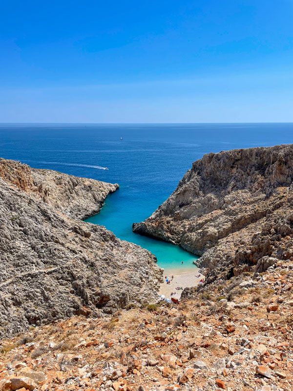 the jagged cliffs and zigzag of cobalt blue water at Seitan Limania, Crete
