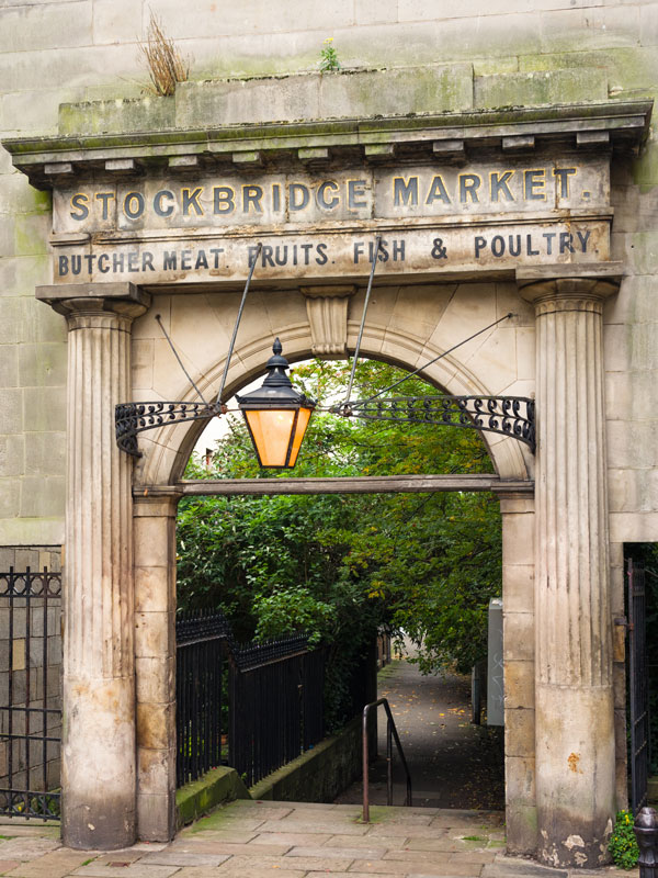the iconic entrance to Stockbridge Market, Edinburg