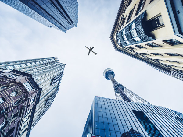 Aeroplane flying over Sydney CBD