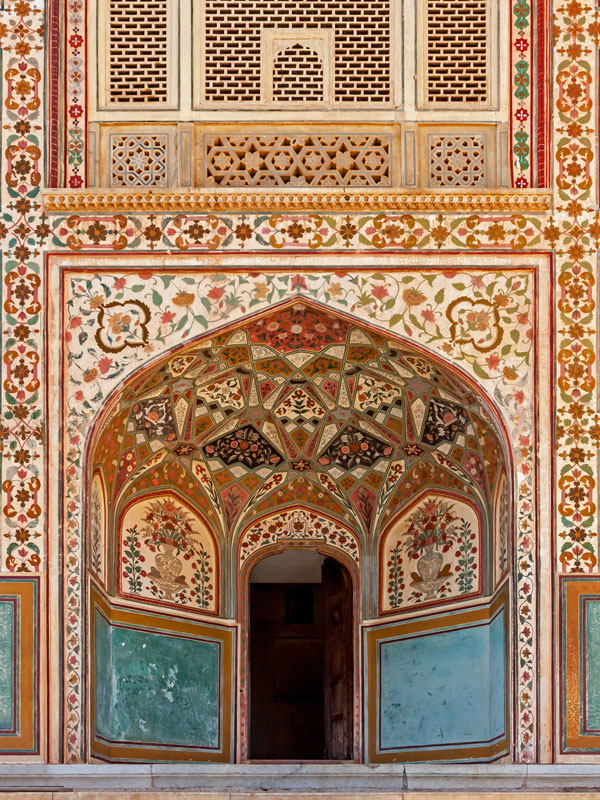 the beautiful side panel of the Ganesh Pol in the Amber Fort, India