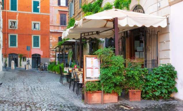 a Trastevere restaurant at an old street in Rome