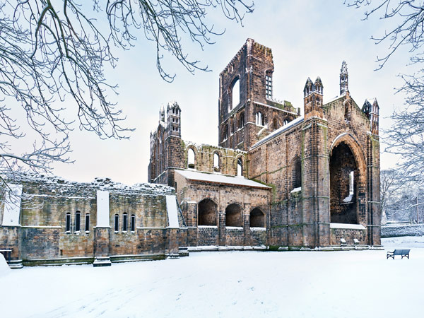the Kirkstall Abbey covered in snow, Leeds