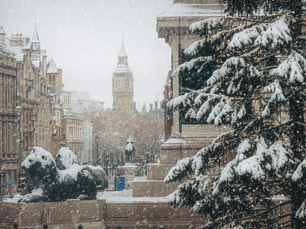 Trafalgar Square on a snowy Christmas day