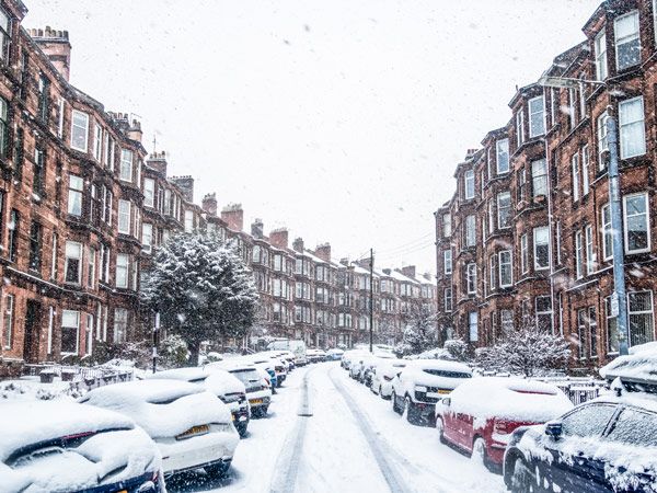a snow-covered street in Glasgow