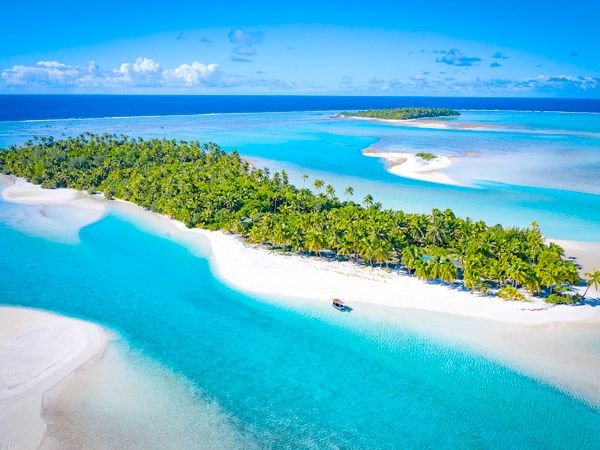 an aerial view of Aitutaki Lagoon, Cook Islands