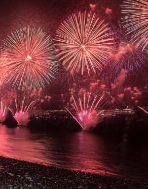 fireworks display on Copacabana Beach, Rio de Janeiro, Brazil