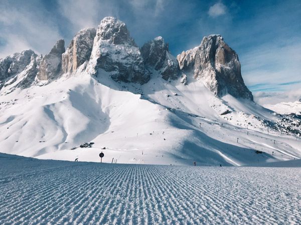 the snow-covered Mount Langkofel Dolomites South Tyrol Italy