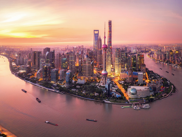 an aerial shot of the buzzing metropolis of Shanghai, China