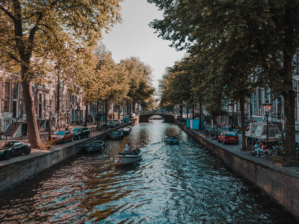 the winding canal system in Amsterdam