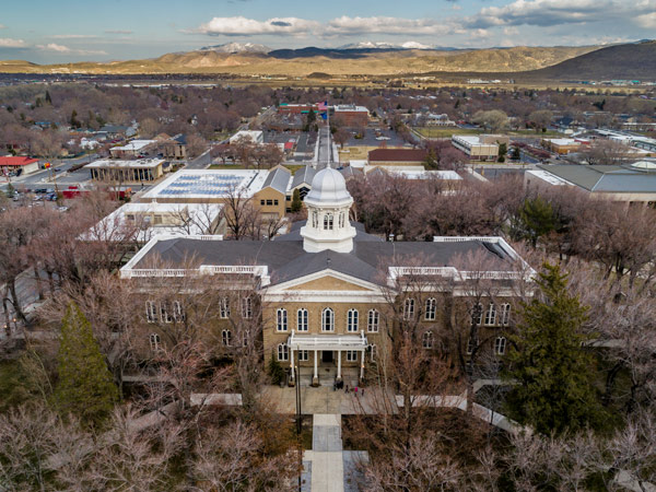 an aerial view of Carson City and the Nevada State capitol building