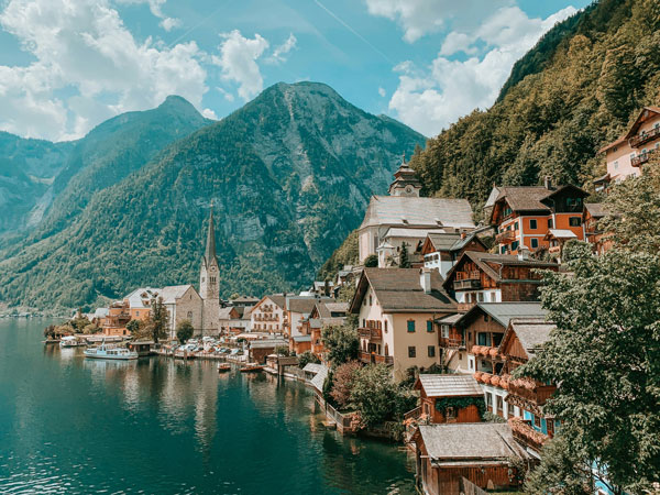 the Salzwelten Hallstatt town with a backdrop of the salt lake