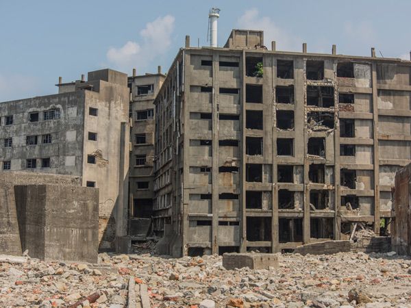 dilapidated buildings in Hashima Island, Japan