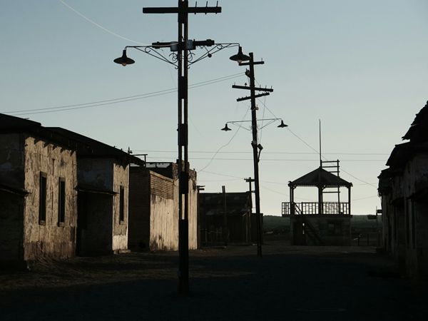 dark landscape at the old mining town in Humberstone and the Santa Laura Saltpeter Works, Chile
