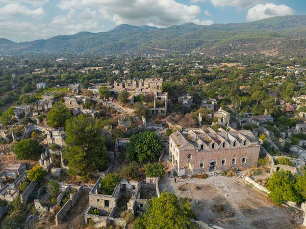 an abandoned rocky hillside village in Kayaköy, southwest Turkey