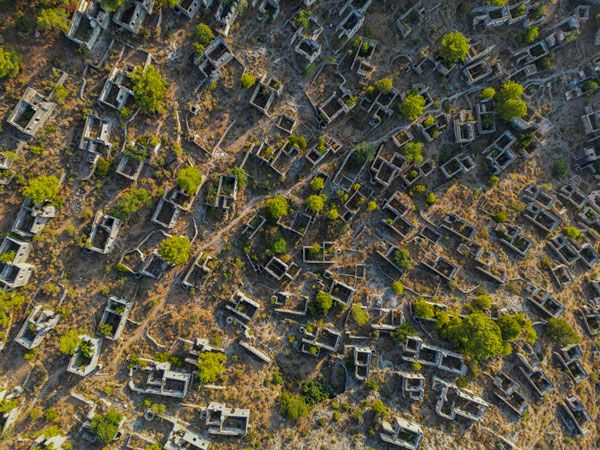 an aerial view of the old settlement at Kayaköy, Turkey